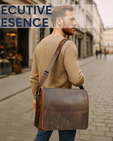 Leather Messenger Bag for Men 16" Full Grain Leather Laptop Bag Vintage Crossbody Office Satchel Travel Shoulder Bag