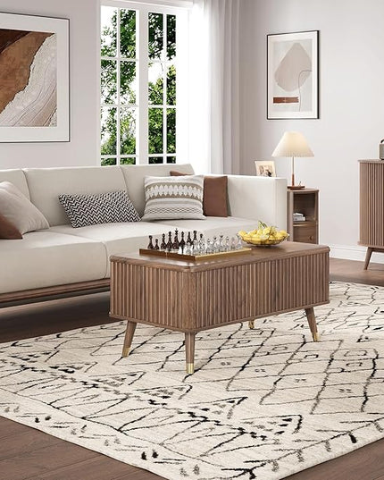 JOINICE Lift Top Coffee Table with Storage, Mid Century Modern Fluted Wood Design,Pop-Up Walnut Center Table with Hidden Compartment for Living Room & Home Office Work/Dining