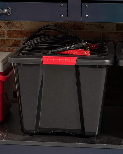 IRIS USA 54 QT Plastic Storage Box with Lid and Latches - 6 Pack - BPA-Free, Garage Organizing Solution, Durable Nestable Stackable Containers, Secure Pull Handle - Black