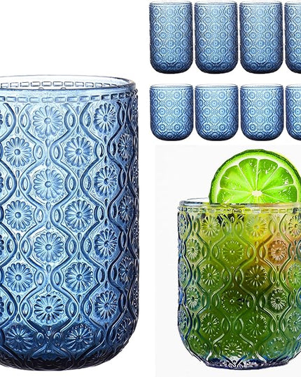 Blue Drinking Glasses Set of 8, 12 Oz Highball & 10 Oz Cocktail Glasses, Blue Kitchen Vintage Glassware Set, Floral Embossed Glass Tumbler Cups for Water, Beer, Juice, Whiskey, Coffee
