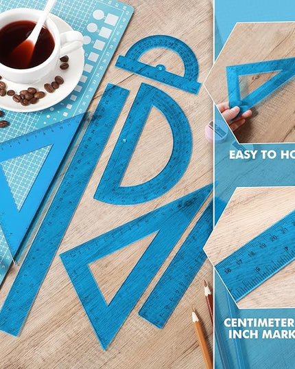 Tenare 6 Pcs Plastic Ruler Math Set Includes 12 Inch 6 Inch Straight Protractor Triangle Geometry Transparent Math Ruler Measuring Tools for School Office Home(Blue)