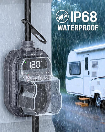 15,000J RV Surge Protector 30 Amp with LED Display, 30 Amp RV Surge Protector with Voltage Monitoring, Clear Error Codes, Comprehensive Detection, IP68 Waterproof Cover