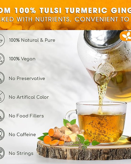FreshDrinkUS, Premium 55 Tulsi Turmeric Ginger Tea Bags, 100% Natural & Pure from Tulsi Holy Basil Leaves, Turmeric and Ginger. Made with Natural Material Tea Bags. No Sugar, No Caffeine, Vegan.