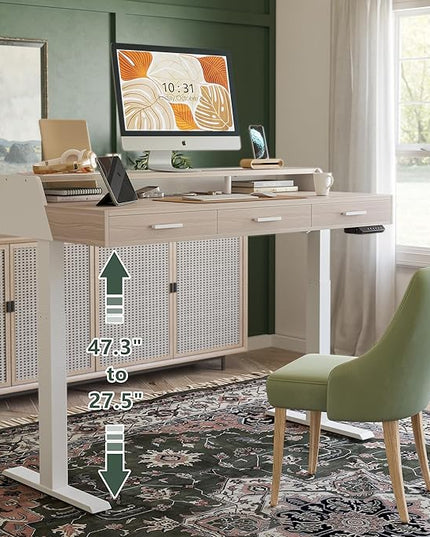 FEZIBO Electric Standing Desk with Drawers, 55x26 Inch Adjustable Height, Stand Up Desk with Monitor Shelf, Sit Stand Home Office Desk, Light Walnut