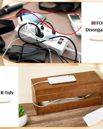Hoteam 48 Pcs Wooden Cable Management Box Cable Organizer Box Set Power Strip Holder Cord Hider Clip Adhesive Management Ties Cord Sleeves for Desktop Home Office(Brown,Large)