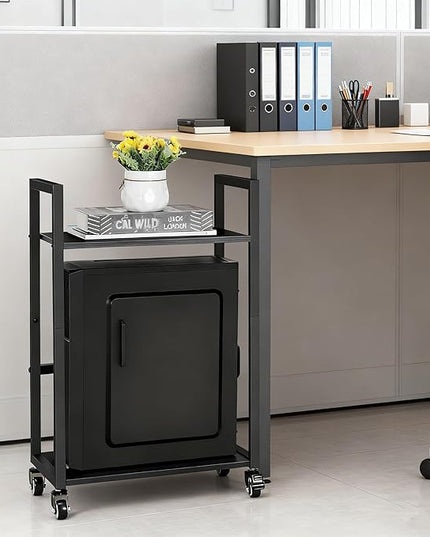 SEHERTIWY 2 Tier Computer Tower Stand, Black CPU Holder Cart with Rolling Caster Wheels, Mobile PC Tower Stand for Office Home Studio