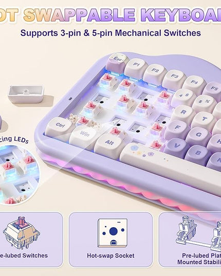 YUNZII C75 Wireless Mechanical Keyboard,75% Layout, Hot-Swappable NKRO,BT5.0/2.4G/USB-C Mode,Dye-Sub PBT MOA Keycaps,RGB Gasket Mount,Cute Cake Design for Mac/Win/Gaming (Purple, Candy Switch)