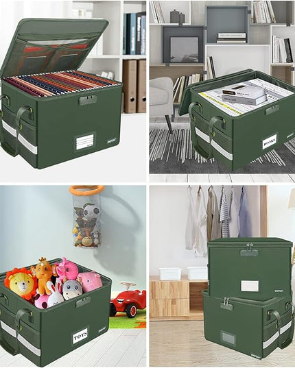 ENGPOW File Box with Lock, Fireproof Document Box with Pockets, Collapsible File Organizer Filing Storage Cabinet with Handle, Portable Home Office Safe for Hanging Letter/Legal Folders,Green,2 Pack