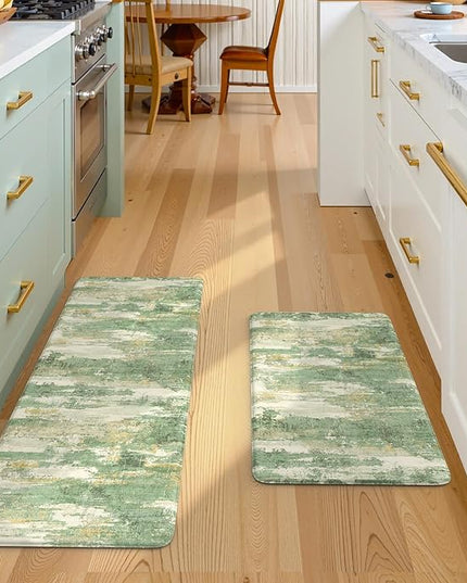 Collive Kitchen Mats Cushioned Anti Fatigue, Modern Abstract Non Slip Kitchen Floor Mat Waterproof Green Sink Rug 2 Piece, Comfort Desk Standing Rugs for Bedroom, Office, Laundry, 17"x29"+17"x47"