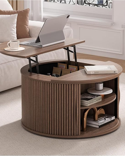 JOINICE 31.5" Round Lift Top Coffee Table, Mid Century Modern Walnut Center Table with Hidden Storage, Fluted Drum Wood Design for Small Living Room & Apartment