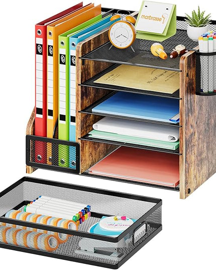 Marbrasse Desk Organizer with File Holder, 5-Tier Paper Letter Tray Organizer with Drawer and 2 Pen Holder, Mesh Desktop Organizer and Storage with Magazine Holder for Office Supplies (Wood-Brown)
