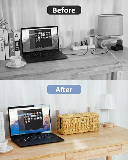 efluky 2 Pack Hand-Woven Cable Management Box with Lid, Water Hyacinth Open Slots Cord Box to Hide USB Wire, Power Strip & Charger for Home & Office and Dorm, Natural