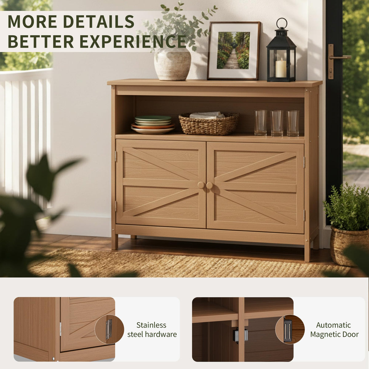Congfutt HIPS All-Weather Outdoor Storage Cabinet,Outdoor Sideboard with Magnetic Doors,3-Shelves Patio Storage Cabinet, Used for Garden,Buffet Cabinet,TV Stand, Bar Table,Balcony