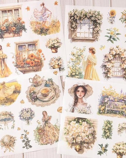 YagCu Garden Journal Sticker Book, 50 Sheets Washi Junk Journaling Sticker, Scrapbook Supplies, Watercolor Scrapbooking for Adults, Yellow Decorative Ephemera Arts Craft