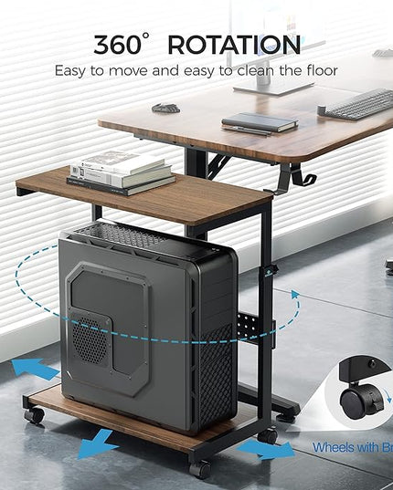 EUREKA ERGONOMIC PC Stand Computer Cart, Height Adjustable Tower Stand 2-Tier Suit for ATX Case Printer, Metal Rolling Cart on Wheels for Gaming Home Office, Walnut