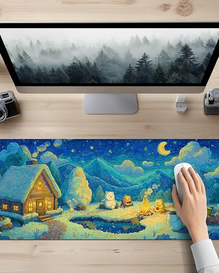 XL Mouse Pad 31.5 x 11.8 Inch Gaming Mousepad Diatomite Large Keyboard Mouse Pad for Home and Office Desk Accessories with Winter Cabin Starry Sky Bear Campfire Artwork