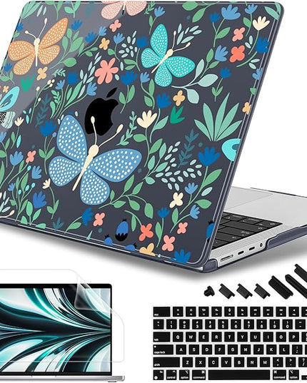 May Chen Case for MacBook Pro 14 inch, A2442 A2779 A2918 A2992 A3401 A3185 A3112 A3434, M1 M2 M3 M4 M5 Chip (2021-2025 Release), Plastic Hard Shell Case with Keyboard Cover, Butterflies & Flowers