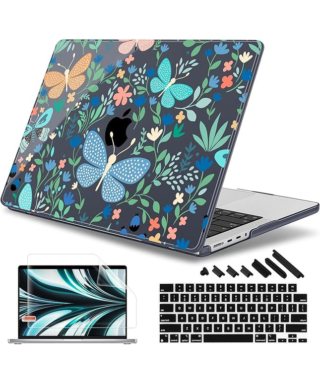 May Chen Case for MacBook Pro 14 inch, A2442 A2779 A2918 A2992 A3401 A3185 A3112 A3434, M1 M2 M3 M4 M5 Chip (2021-2025 Release), Plastic Hard Shell Case with Keyboard Cover, Butterflies & Flowers