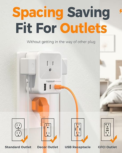 Multi Plug Wall Outlet Splitter, TESSAN Surge Protector 4 Outlet Extender with 3 USB Charger Blocks(2 USB C), 3-Sided Multiple Plug Expander for Home Office Dorm Room School Essentials