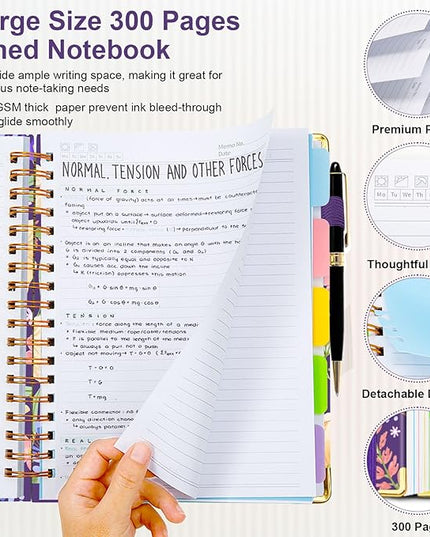 Spiral Journal Notebooks for Work, 300 Pages 5 Subject Notebook College Ruled with Dividers & Tabs, 8''x 10'' Large Notebook Journal for Women Students Note-Taking and Organizer (Purple Floral)
