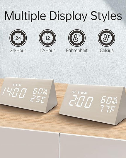 Digital Alarm Clock, with Wooden Electronic LED Time Display, 3 Alarm Settings, Humidity & Temperature Detect, Wood Made Electric Clocks for Bedroom, Bedside (White)