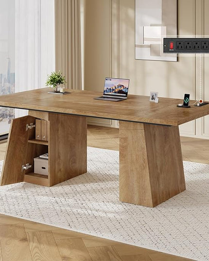 63 in Executive Desk with Power Outlets, Modern Home Office Desk with Storage Cabinet, Wood Computer Desk Business Workstation Desk Conference Table (Oak)