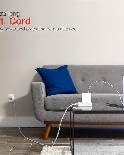 GE 3-Outlet Power Strip Surge Protector 8 Ft Braided Extension Cord with Multiple Outlets Grounded Flat Plug ETL Listed White 38433