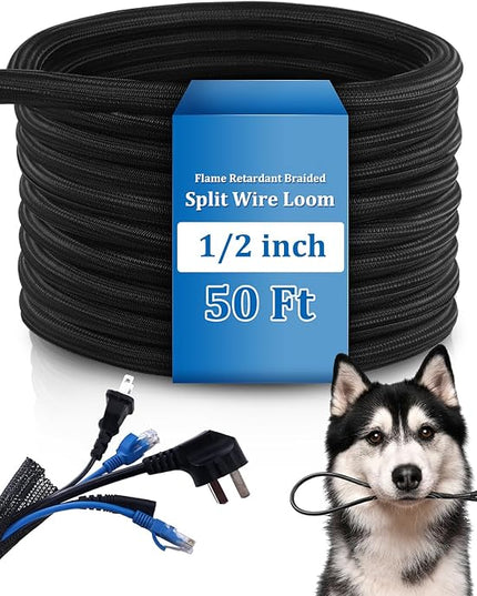 Pangda 50ft Split Wire Loom Tubing Flame Retardant Braided Cable Sleeve Split High Temperature Cable Conduit Auto Wire Conduit for Industrial Electrical Tinsel Automotive Marine (100 Ft, 1/2")