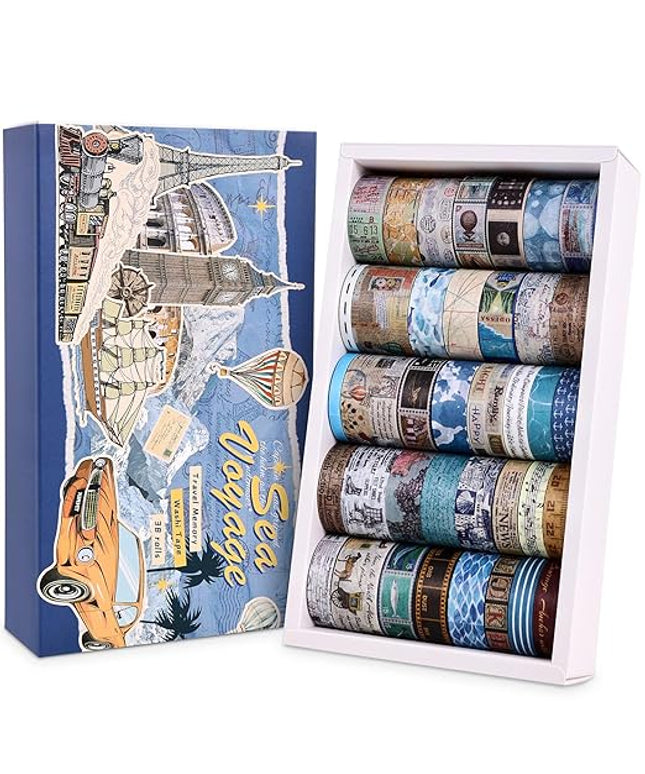 38 Rolls Vintage Washi Tape Set, Vintage Travel Stamp Map Scenery Art Letter Writable Decorative Tapes for Scrapbooking , Junk Journal Supplies, Bullet Journaling 5-25mm Wide 9.84ft long/Roll