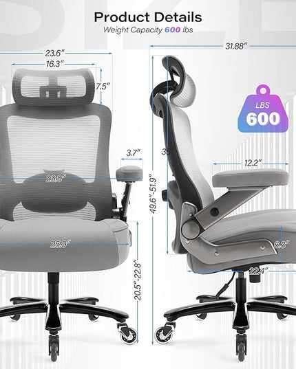 Big and Tall Office Chair 600lbs with 3D Flip Arms, Heavy Duty Large Executive Computer Desk Chair Ergonomic Mesh High Back Plus Size Chair for Adults