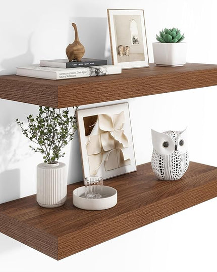 Heimlove 12" Deep Floating Shelves, 36 x 12 Inch Wall Mounted Long Floating Shelf with Invisible Brackets, for Home Decor, Bedroom, Kitchen, Living Room, Bathroom - 2 Pack, Walnut