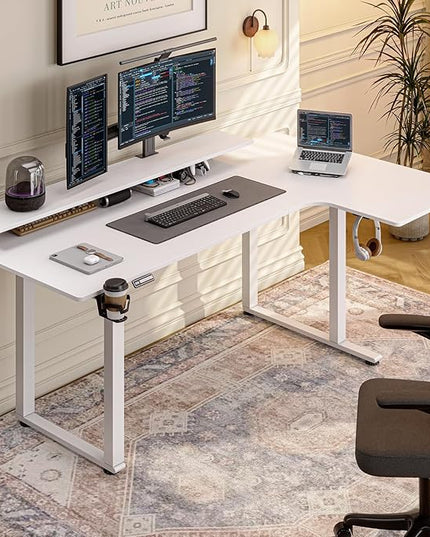 L Shaped Standing Desk, 63x43'' Electric L Stand Up Desk with 2 Adjustable Monitor Shelves, Dual Motor and Memory Controller, Adjustable Height from 28-46'' for Home and Computer Workstation, White