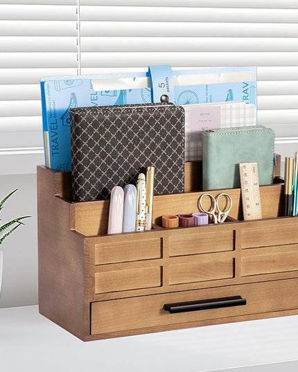 dreampossible Brown Wood Desk Organizer and Accessories with Drawer, Bill Mail Organizer and File Mail Holder for Office Supplies, Rustic Desk Accessories & Workspace Organizers