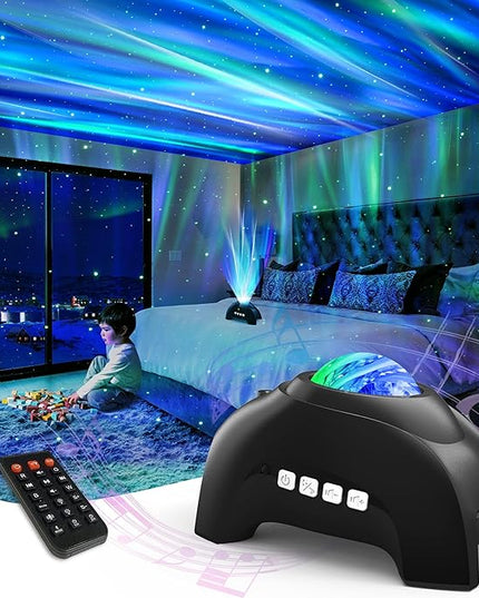AIRIVO Northern Lights Aurora Projector, Star Projector Music Speaker, White Noise Night Light Galaxy Projector for Kids Adults, for Home Decor Bedroom/Ceiling/Party (Black)