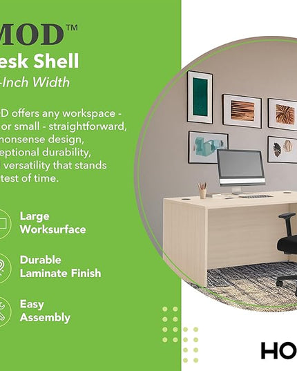 HON MOD Executive Desk 60-Inch Large Computer Desk Shell, Thick Wooden Laminate, Modern Table with Cord Management, 60" W x 30" D x 29" H, Desert Oak