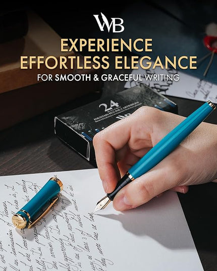 Wordsworth & Black Fountain Pen Set, 18K Gilded Medium Nib, Includes 24 Pack Ink Cartridges, Ink Refill Converter & Gift Box, Gold Finish, Calligraphy, [Turquoise Gold], Perfect for Men & Women