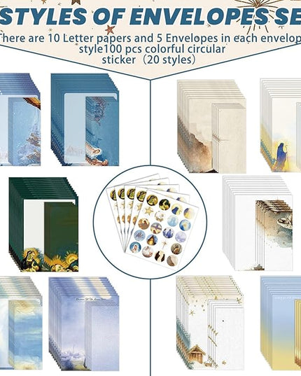 EggSun 250Pcs Christmas Stationery Paper and Envelope Set with 100 Letterhead Papers and 50 Envelopes, 10 Design for Letter Writing Invitations Computer Holidays Party Notes, 8.5x11 Inch-Nativity