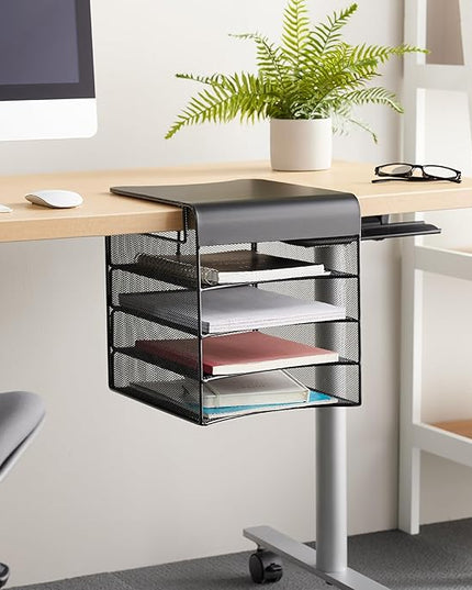 Safco Onyx Hanging Under Desk Organizer, 4 Trays, Office and Classroom Mailbox , Paper and Mail Sorter, Steel Mesh, Black