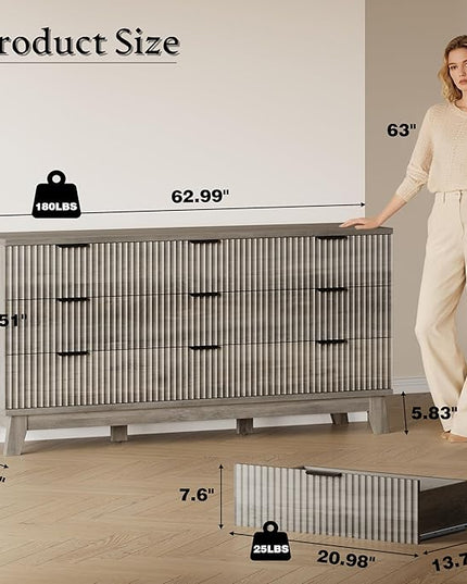 BORNOON 63" Long Dresser for Bedroom, 9-Drawer Fluted Dresser, Extra-Wide Wood Chest of Drawers with Smooth Metal Slides, Stable Base, Modern Clothes Storage Cabinet for Living Room, Hallway, Nursery