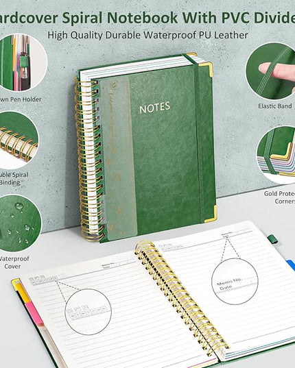 Hardcover Spiral Notebook Journal, 8"x10" Large B5 Notebooks with Removable Dividers Tabs, 300 Pages Leather 5 Subject Notebook College Ruled, Journal for Work School Note, 100 GSM Thick Paper,Green.