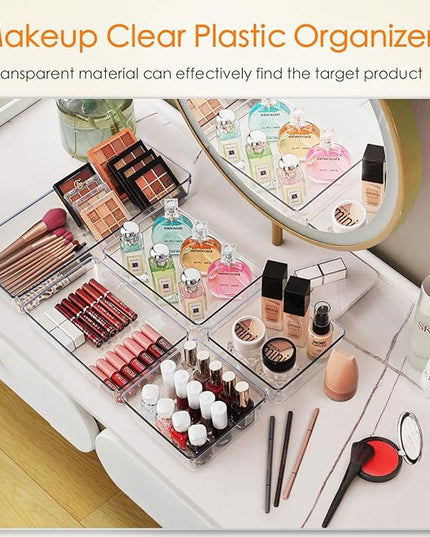 Criusia Drawer Organizer, 10 Pack Large Clear Plastic Set, 3 Size Versatile Bathroom and Vanity Organizer Trays, Storage Bins for Makeup, Bedroom, Kitchen Utensils