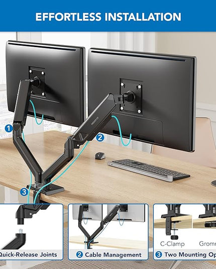 Mount-It! Full Motion Dual Monitor Mount with Spring Arms, 17" to 32", Full Motion Monitor Arm with Tilt, Rotation, Swivel, Height Adjustment, Clamp or Grommet, Fits VESA 75x75 and 100x100 - Black