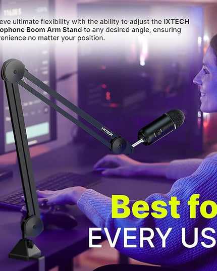 IXTECH Microphone Boom Arm Stand, Heavy Duty Adjustable Mic Stand with Cable Ties, Desk Mount Arm Stand for Gaming Streaming Podcasting.