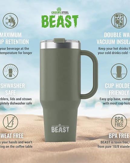 Beast 42 oz Tumbler with Handle Stainless Steel Vacuum Insulated Coffee Ice Cup Double Wall Travel Flask (Army Green)
