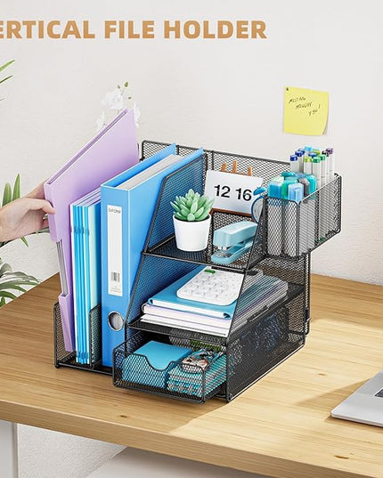 Marbrasse Desk Organizer and Accessories, 3-Tier File Organizer with Drawer and Pen Holder, Small Desktop Organizer and Storage for Workspace Office Supplies Black