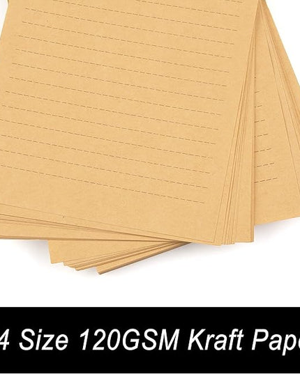 CenterZ 100pcs Vintage Kraft Stationary Paper 8.3 x 11.5 inch, A4 Sheets 120gsm Printable Lined Stationery Writing Letter Papers Bulk Set for Personalized Letters, Creative Poems, Lyrics, Office Notes