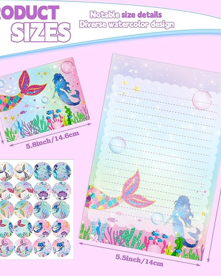 TaoBary 160 Pcs Stationery Paper Set 50 Double Sided Stationery Papers with 50 Matching Envelopes and 60 Round Dot Sticker, 10 Design(Mermaid,5.5 x 8.25 Inch)