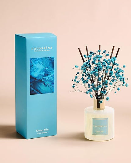 COCORRÍNA Reed Diffuser - Ocean Mist 6.7 Fl.oz Reed Diffuser Set with Sticks & Preserved Baby's Breath, Reed Diffuser for Home Bathroom Shelf Decor