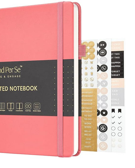 &And Per Se Dotted Journal Notebook, A5 Hardcover Leather Bullet Dotted Journal, 160 Pages 100GSM Thick Paper, 3 Sheets of Stickers Included - 5.7'' x 8'' (Rose pink)