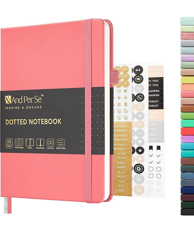 &And Per Se Dotted Journal Notebook, A5 Hardcover Leather Bullet Dotted Journal, 160 Pages 100GSM Thick Paper, 3 Sheets of Stickers Included - 5.7'' x 8'' (Rose pink)